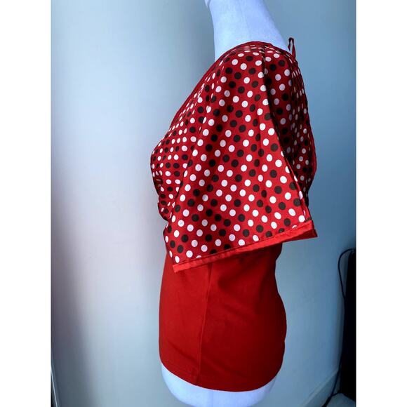 Vintage Red Brown Hollywood Studios Polka Dot Bell Sleeve V Neck Wrap Top - Picture 4 of 7